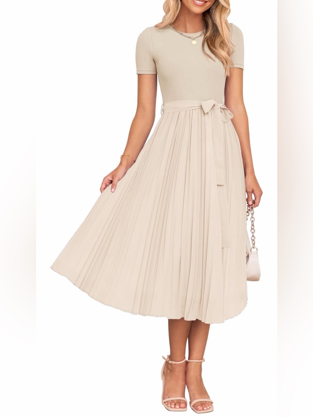 NWOT Pleated Midi Skirt in Soft Apricot Short Sleeve Round Neck, Medium